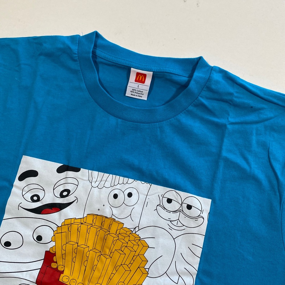McDonalds‎ T Shirt Bright Blue Mens Size L Cartoon Fries Characters Graphic Tee